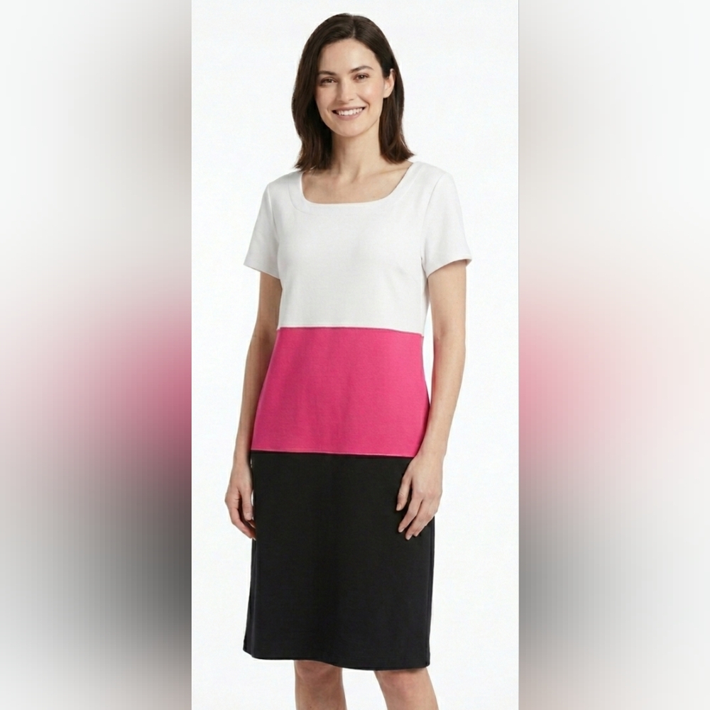 Talbots White Pink Black Colorblock Short Sleeve Dress Size M